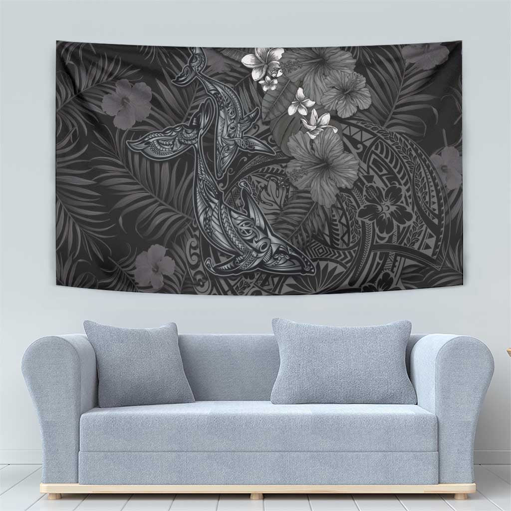 Hawaiian Tropical Plants and Tribal Whales Tapestry Polynesian Art Tattoo Grayscale