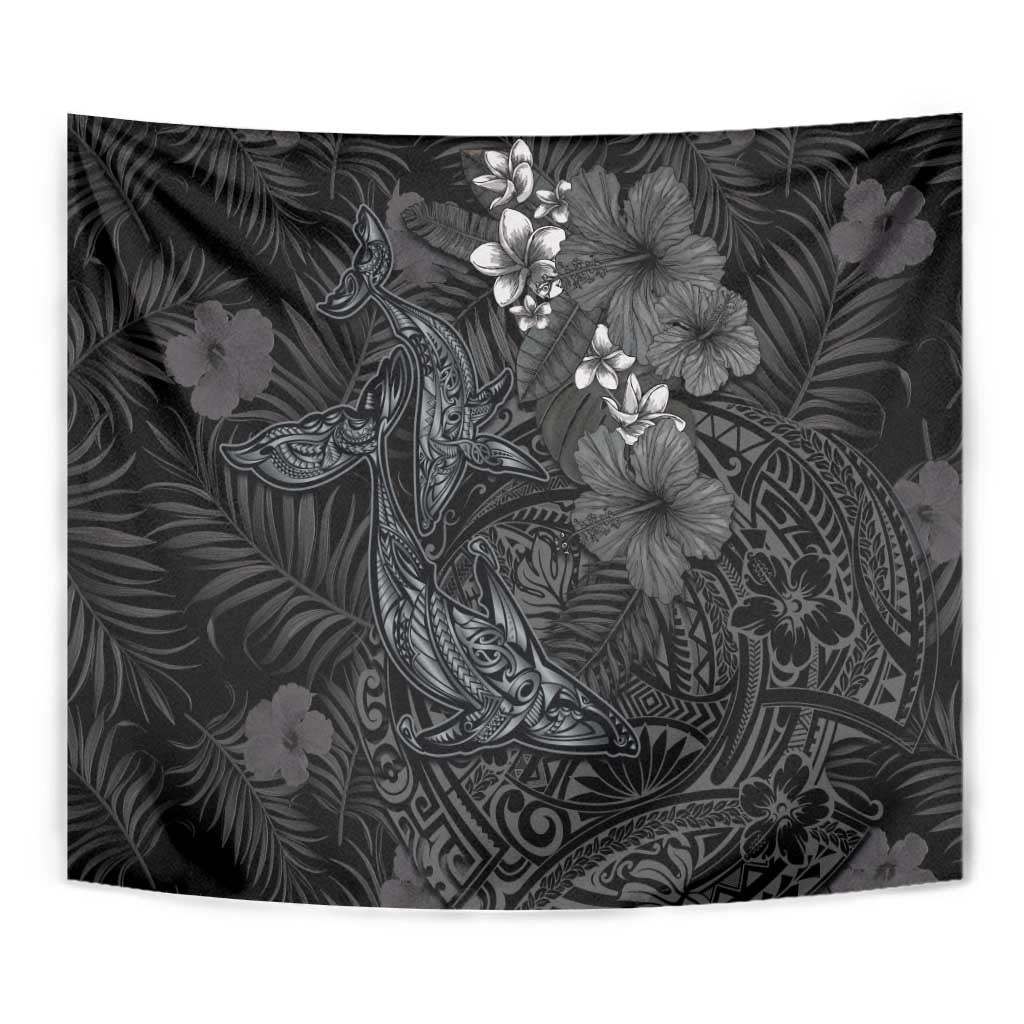 Hawaiian Tropical Plants and Tribal Whales Tapestry Polynesian Art Tattoo Grayscale
