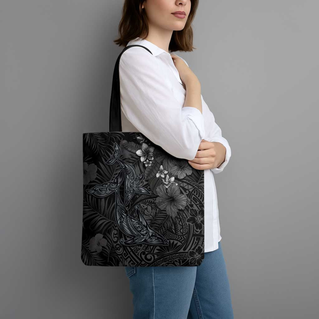 Hawaiian Tropical Plants and Tribal Whales Tote Bag Polynesian Art Tattoo Grayscale