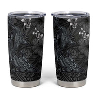 Hawaiian Tropical Plants and Tribal Whales Tumbler Cup Polynesian Art Tattoo Grayscale