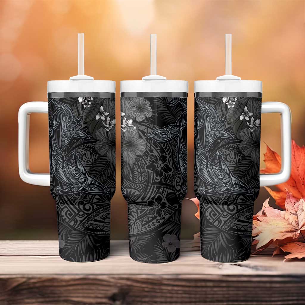 Hawaiian Tropical Plants and Tribal Whales Tumbler With Handle Polynesian Art Tattoo Grayscale