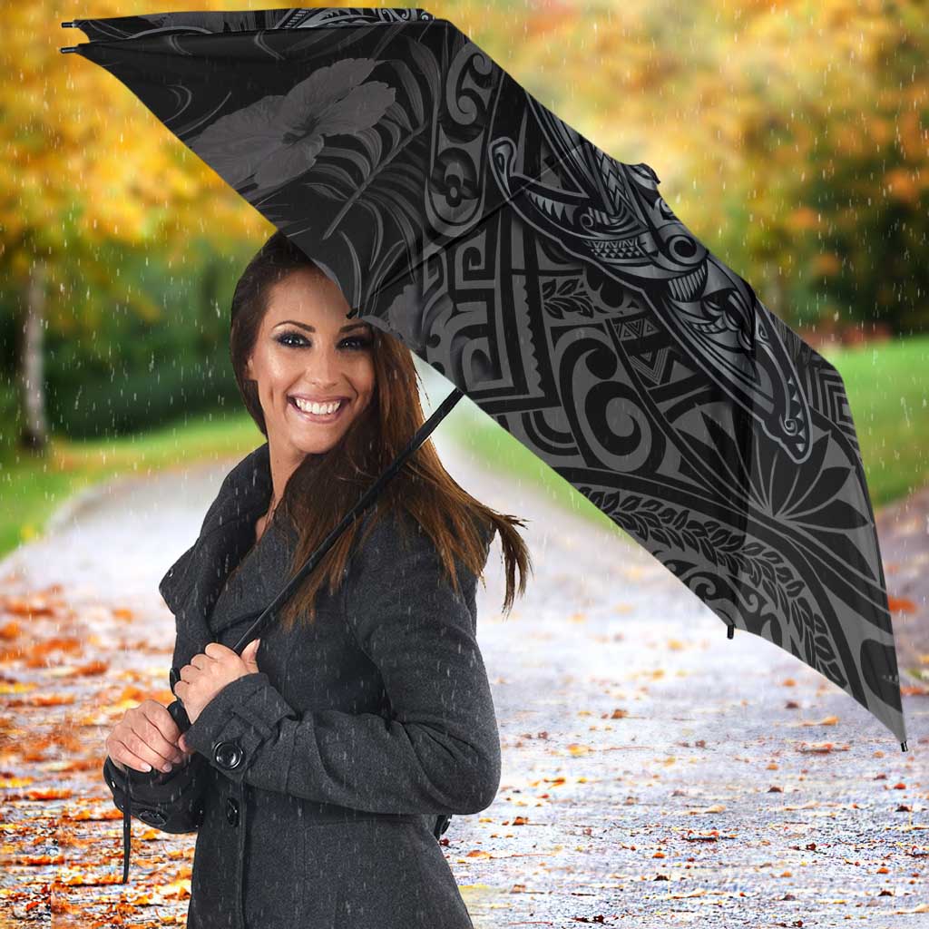 Hawaiian Tropical Plants and Tribal Whales Umbrella Polynesian Art Tattoo Grayscale
