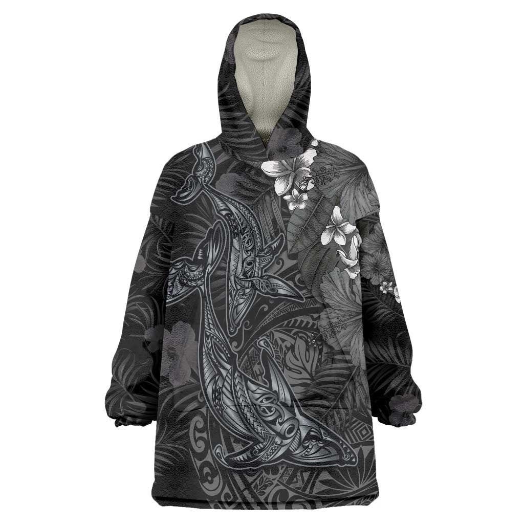 Hawaiian Tropical Plants and Tribal Whales Wearable Blanket Hoodie Polynesian Art Tattoo Grayscale