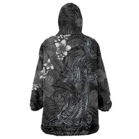 Hawaiian Tropical Plants and Tribal Whales Wearable Blanket Hoodie Polynesian Art Tattoo Grayscale LT03 - Polynesian Pride
