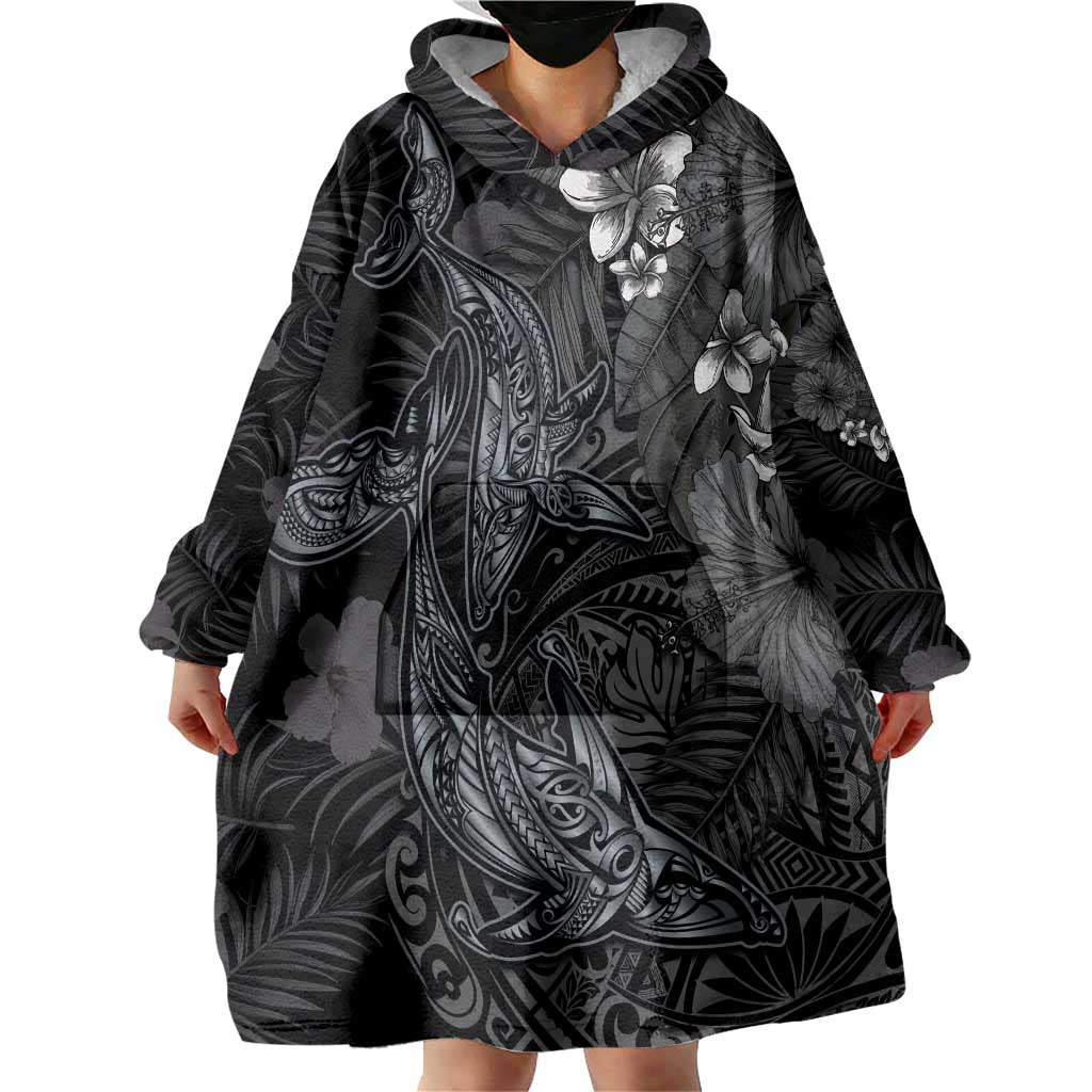 Hawaiian Tropical Plants and Tribal Whales Wearable Blanket Hoodie Polynesian Art Tattoo Grayscale LT03 - Polynesian Pride