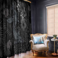 Hawaiian Tropical Plants and Tribal Whales Window Curtain Polynesian Art Tattoo Grayscale