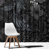 Hawaiian Tropical Plants and Tribal Whales Window Curtain Polynesian Art Tattoo Grayscale