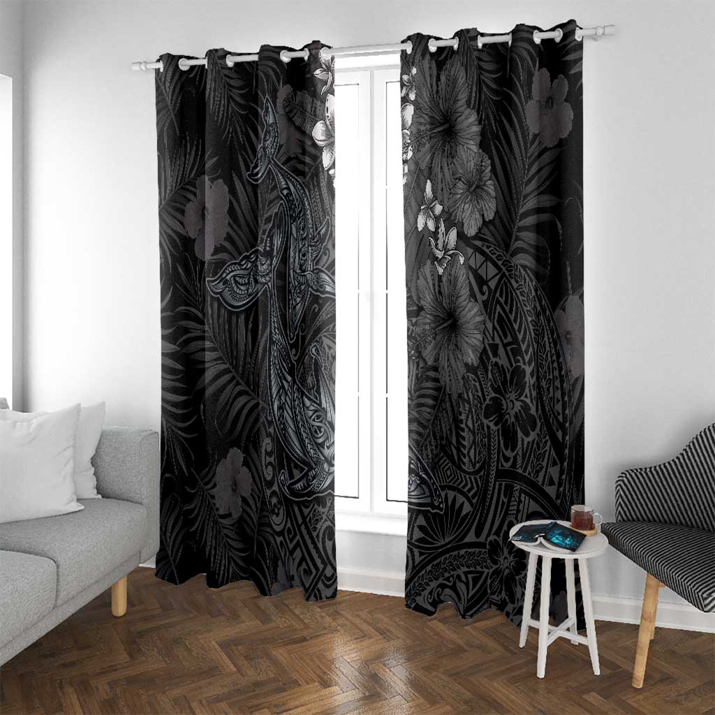 Hawaiian Tropical Plants and Tribal Whales Window Curtain Polynesian Art Tattoo Grayscale