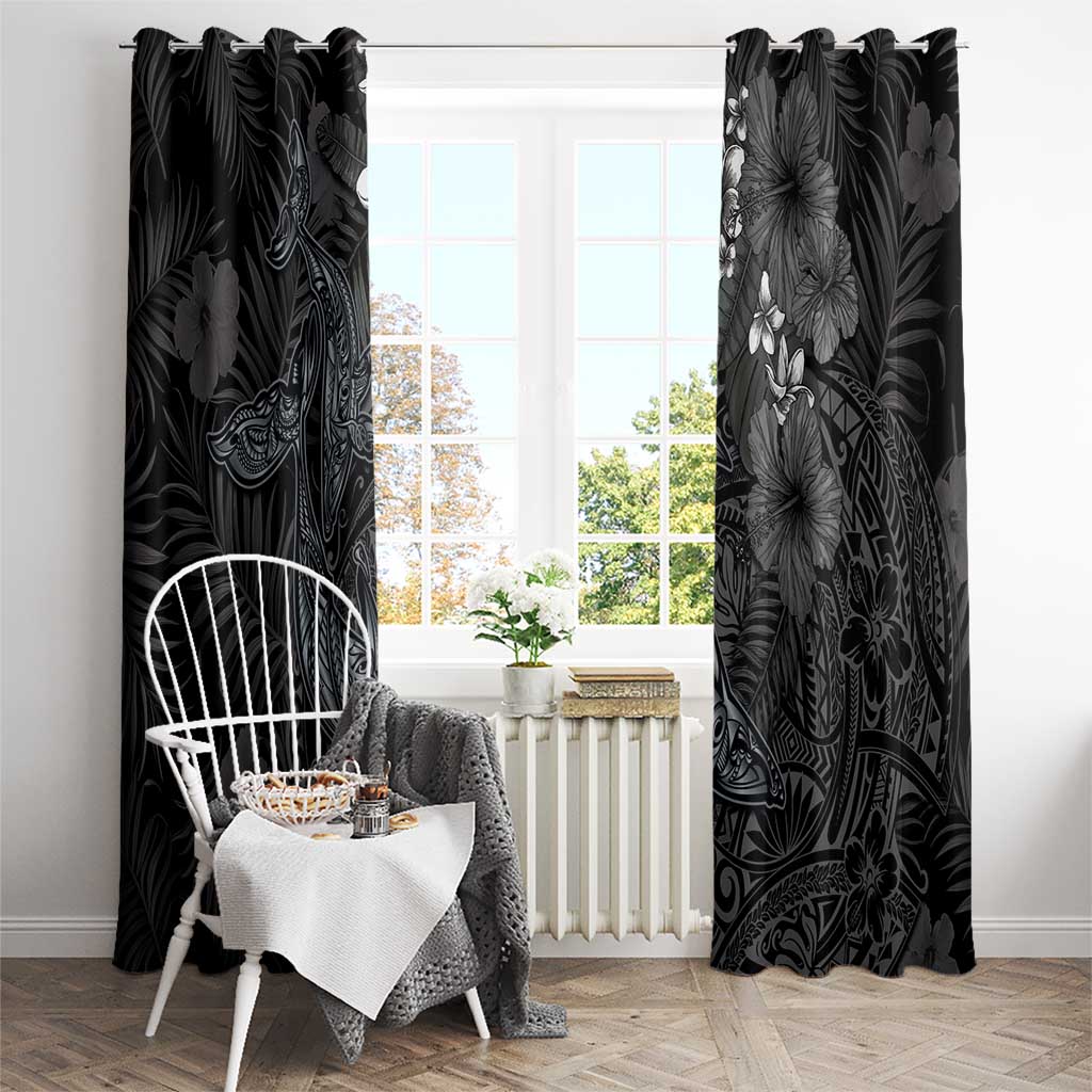 Hawaiian Tropical Plants and Tribal Whales Window Curtain Polynesian Art Tattoo Grayscale