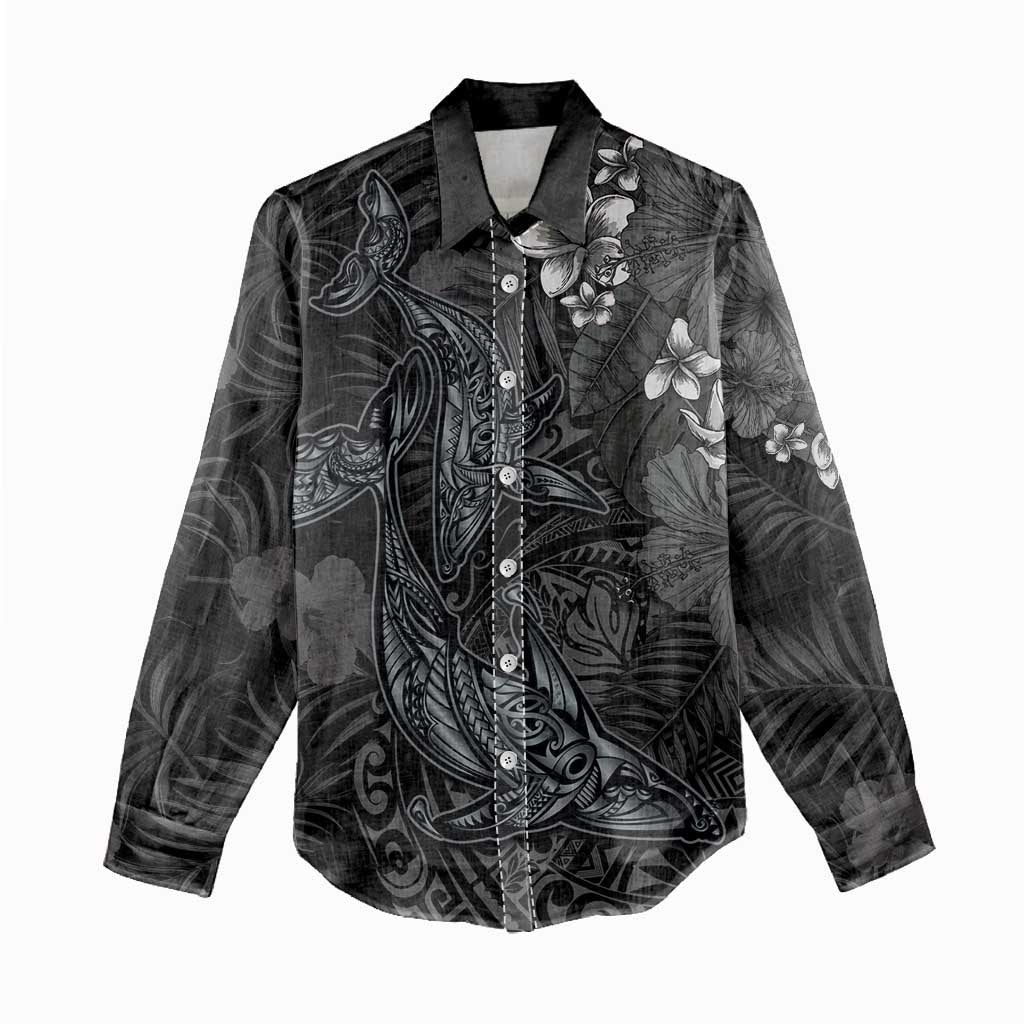 Hawaiian Tropical Plants and Tribal Whales Women Casual Shirt Polynesian Art Tattoo Grayscale LT03 - Polynesian Pride