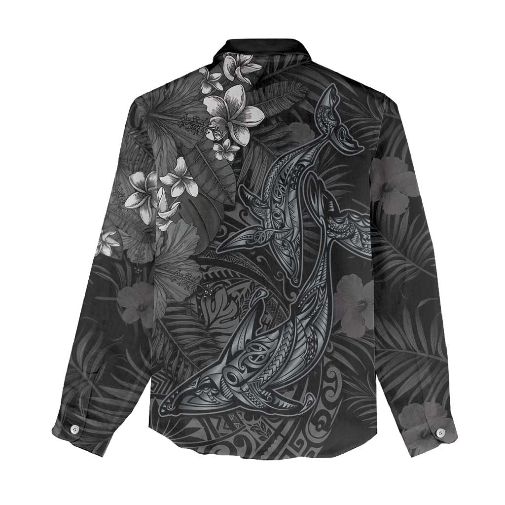 Hawaiian Tropical Plants and Tribal Whales Women Casual Shirt Polynesian Art Tattoo Grayscale LT03 - Polynesian Pride