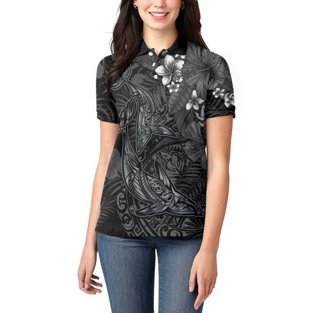 Hawaiian Tropical Plants and Tribal Whales Women Polo Shirt Polynesian Art Tattoo Grayscale LT03 - Polynesian Pride