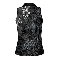 Hawaiian Tropical Plants and Tribal Whales Women Sleeveless Polo Shirt Polynesian Art Tattoo Grayscale LT03 - Polynesian Pride