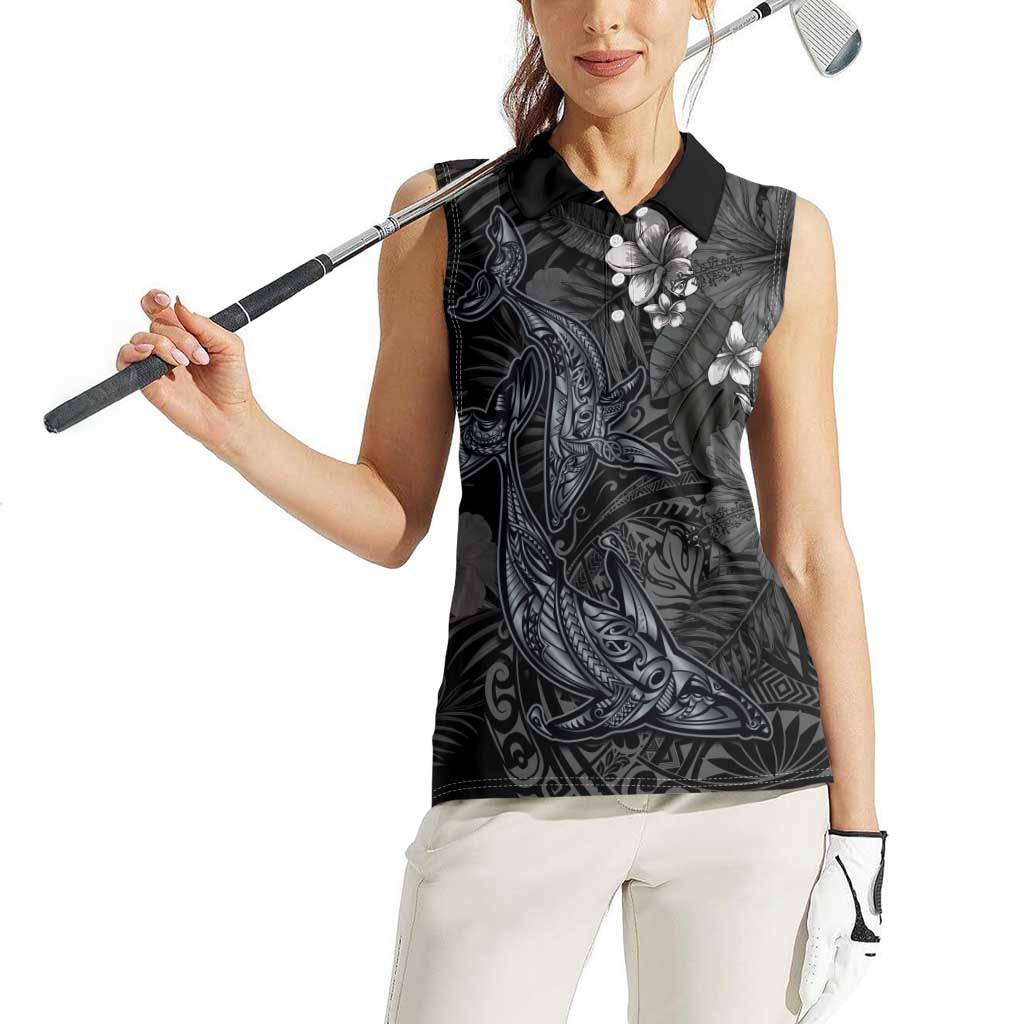 Hawaiian Tropical Plants and Tribal Whales Women Sleeveless Polo Shirt Polynesian Art Tattoo Grayscale LT03 - Polynesian Pride