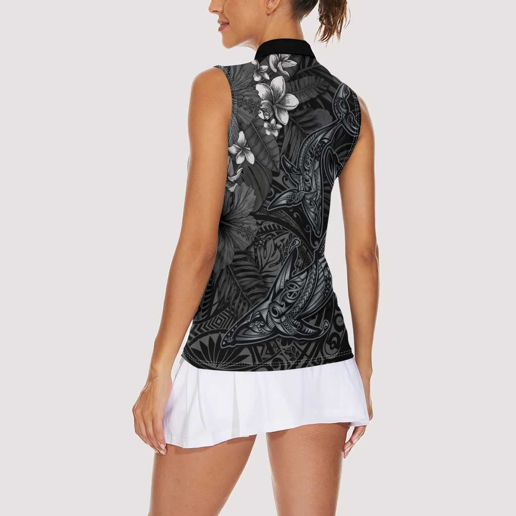 Hawaiian Tropical Plants and Tribal Whales Women Sleeveless Polo Shirt Polynesian Art Tattoo Grayscale LT03 - Polynesian Pride
