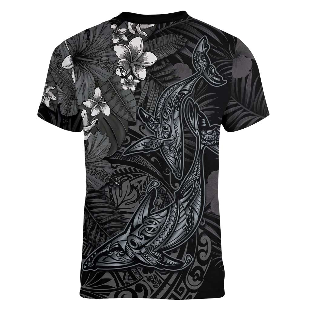 Hawaiian Tropical Plants and Tribal Whales Women V-Neck T-Shirt Polynesian Art Tattoo Grayscale LT03 - Polynesian Pride