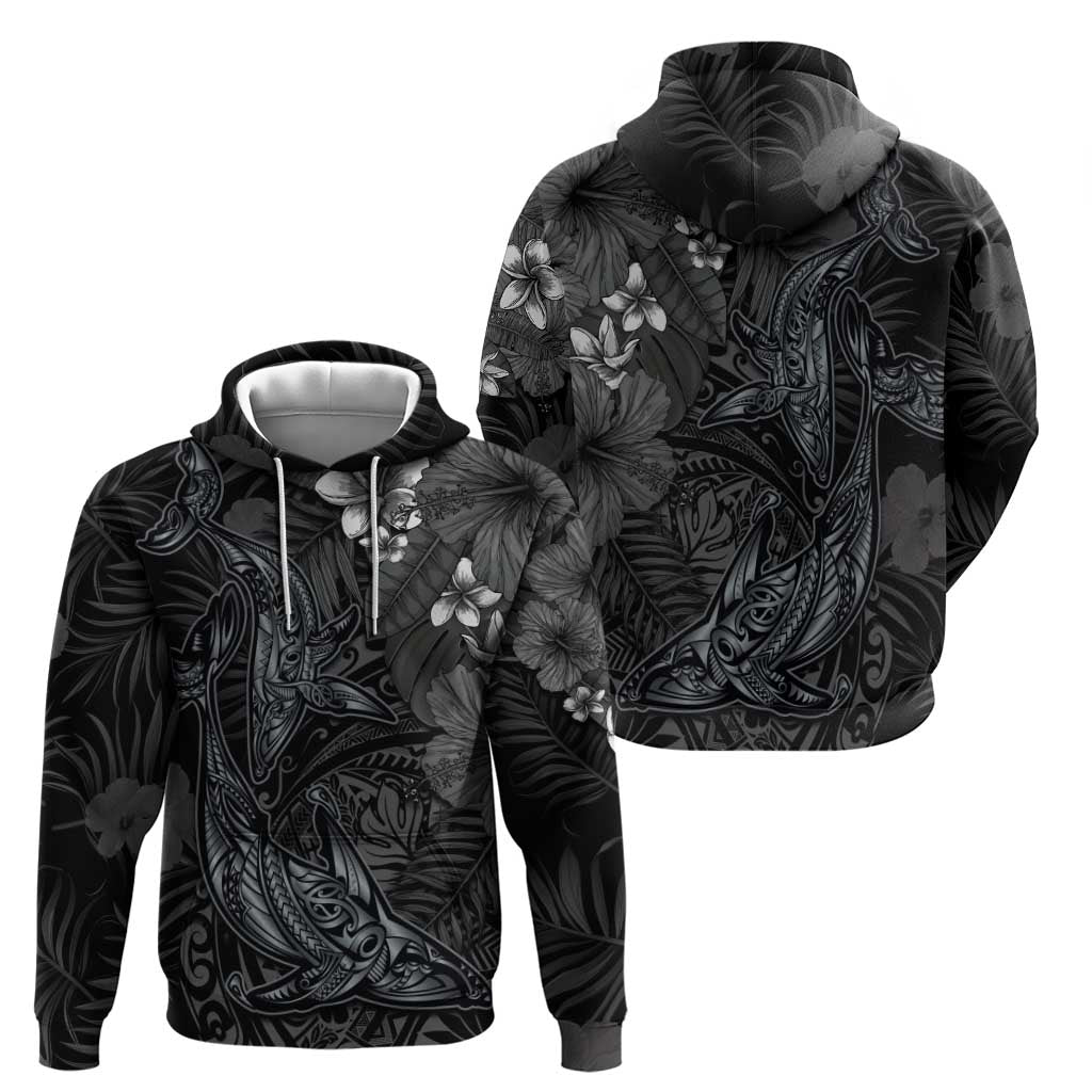 Hawaiian Tropical Plants and Tribal Whales Zip Hoodie Polynesian Art Tattoo Grayscale