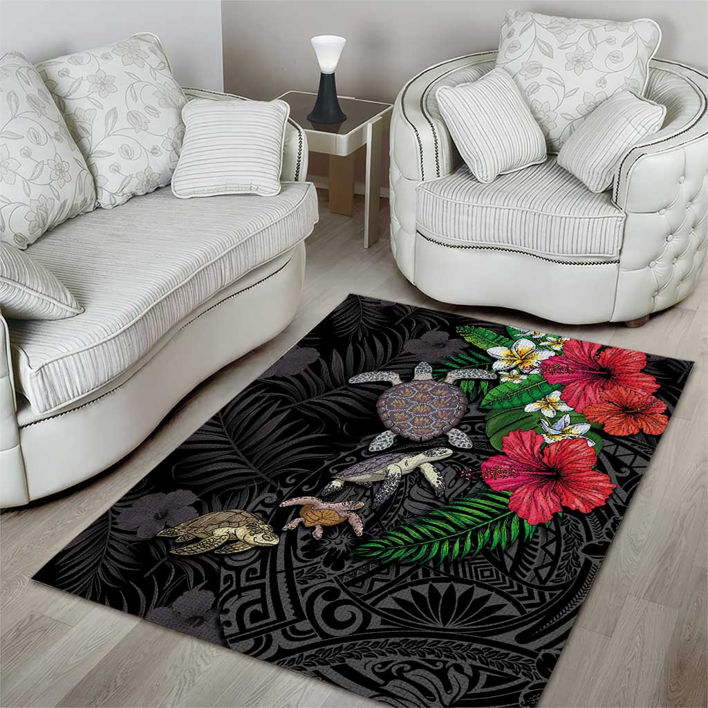 Hawaiian Tropical Plants and Turtles Area Rug Polynesian Art Motifs