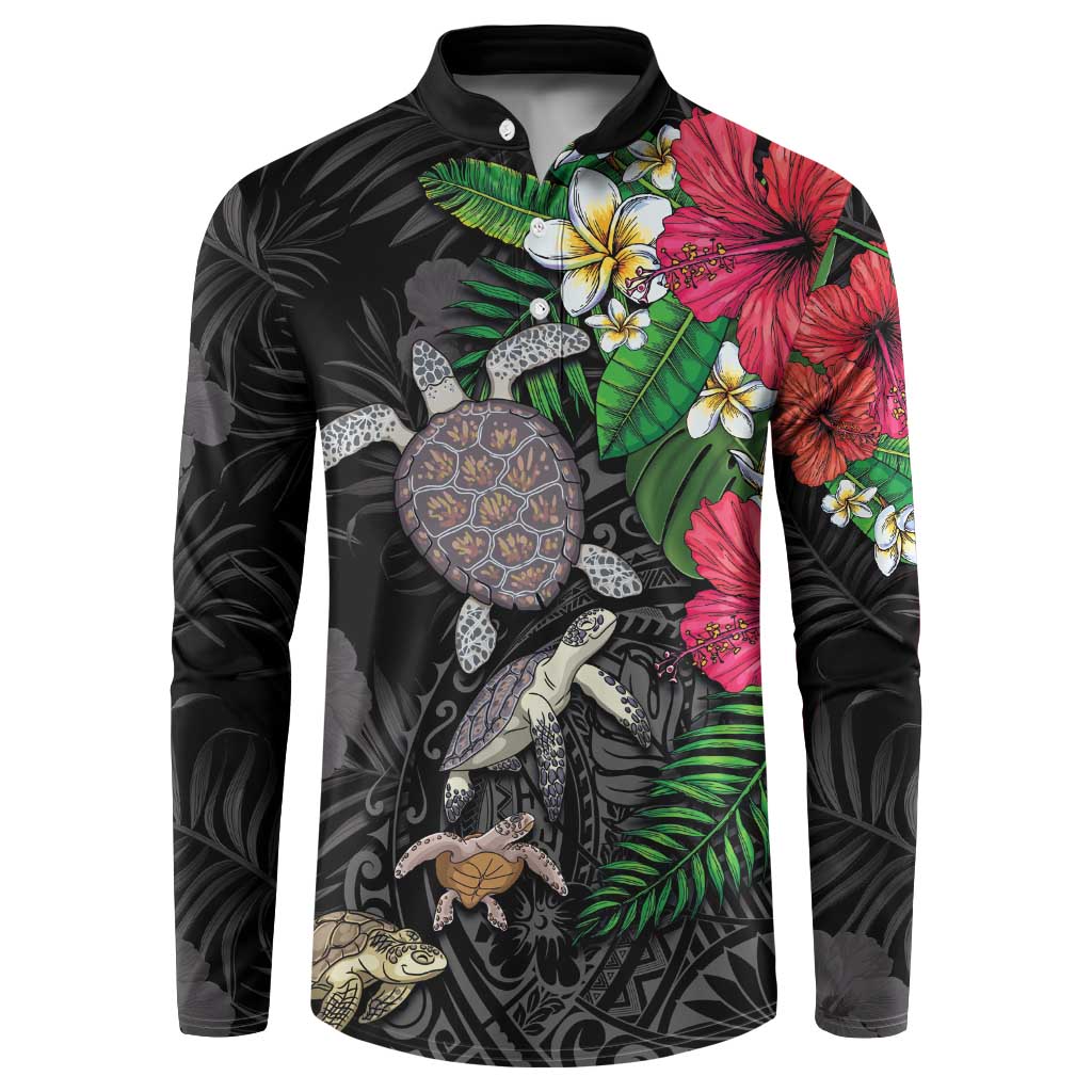 Hawaiian Tropical Plants and Turtles Button Sweatshirt Polynesian Art Motifs