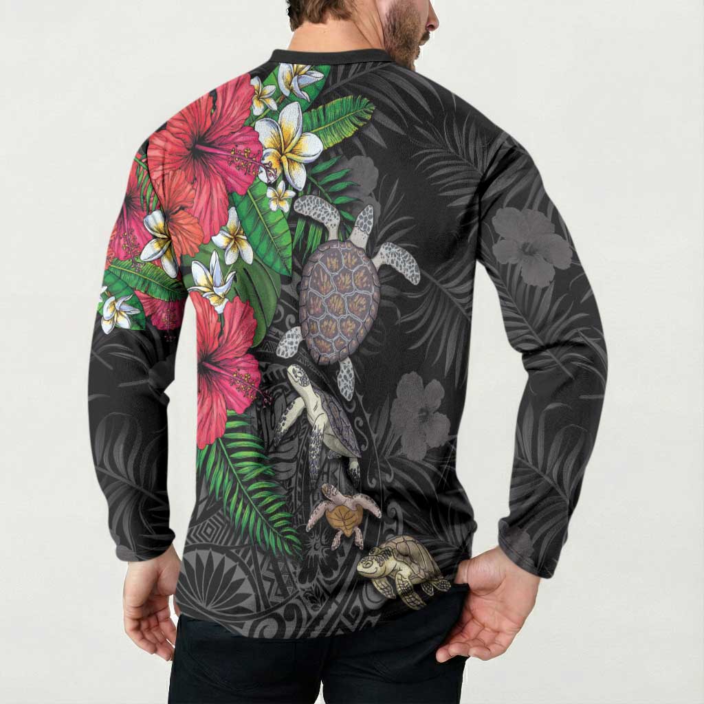 Hawaiian Tropical Plants and Turtles Button Sweatshirt Polynesian Art Motifs
