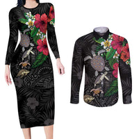 Hawaiian Tropical Plants and Turtles Couples Matching Long Sleeve Bodycon Dress and Long Sleeve Button Shirt Polynesian Art Motifs LT03 Black - Polynesian Pride
