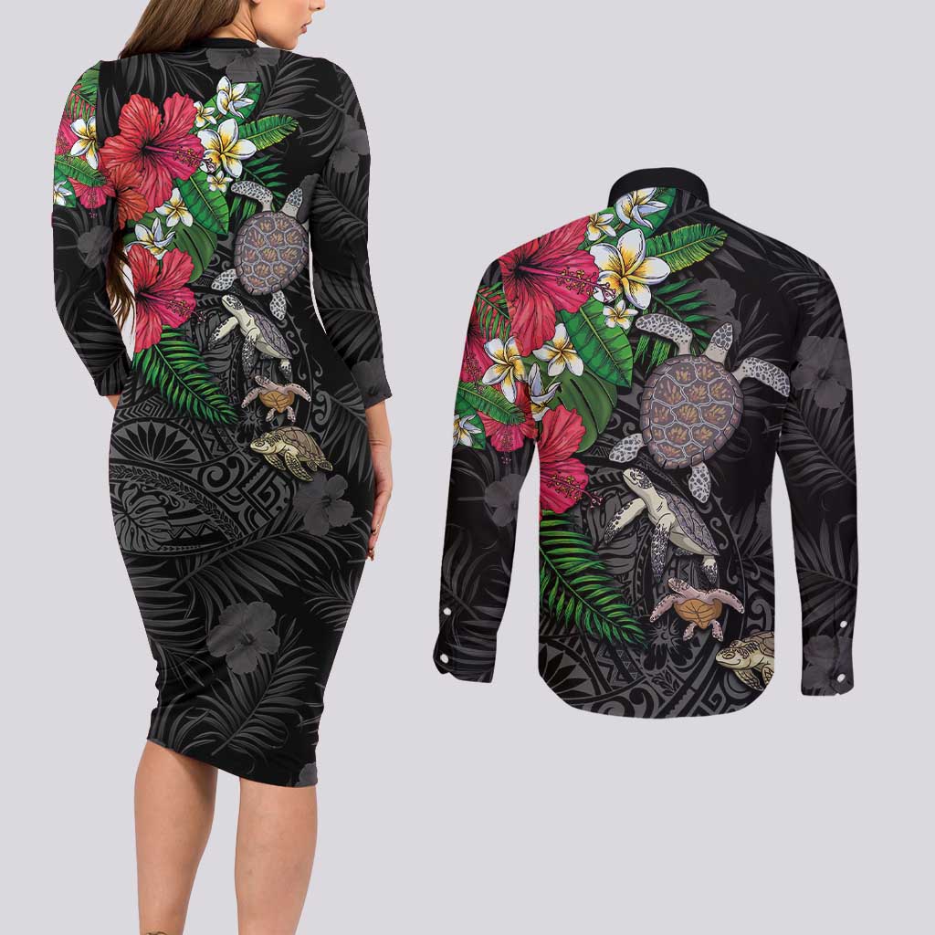 Hawaiian Tropical Plants and Turtles Couples Matching Long Sleeve Bodycon Dress and Long Sleeve Button Shirt Polynesian Art Motifs LT03 - Polynesian Pride