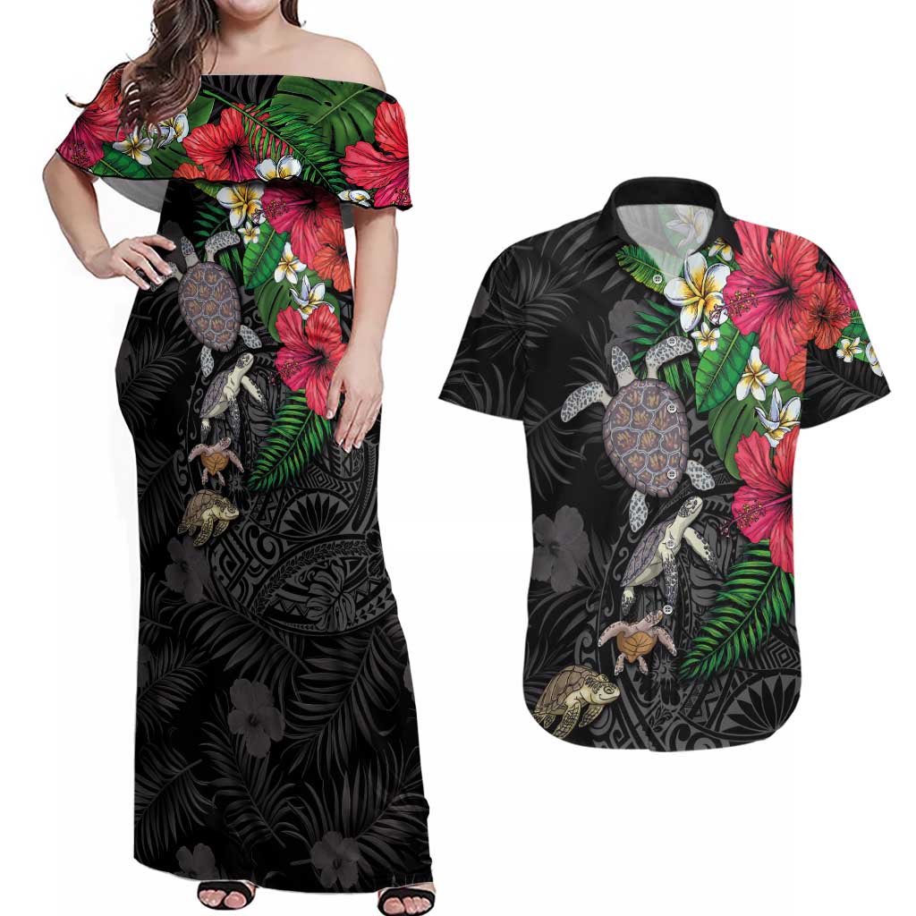 Hawaiian Tropical Plants and Turtles Couples Matching Off Shoulder Maxi Dress and Hawaiian Shirt Polynesian Art Motifs LT03 Black - Polynesian Pride