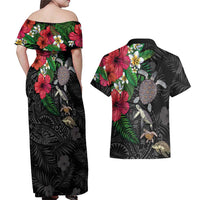 Hawaiian Tropical Plants and Turtles Couples Matching Off Shoulder Maxi Dress and Hawaiian Shirt Polynesian Art Motifs LT03 - Polynesian Pride