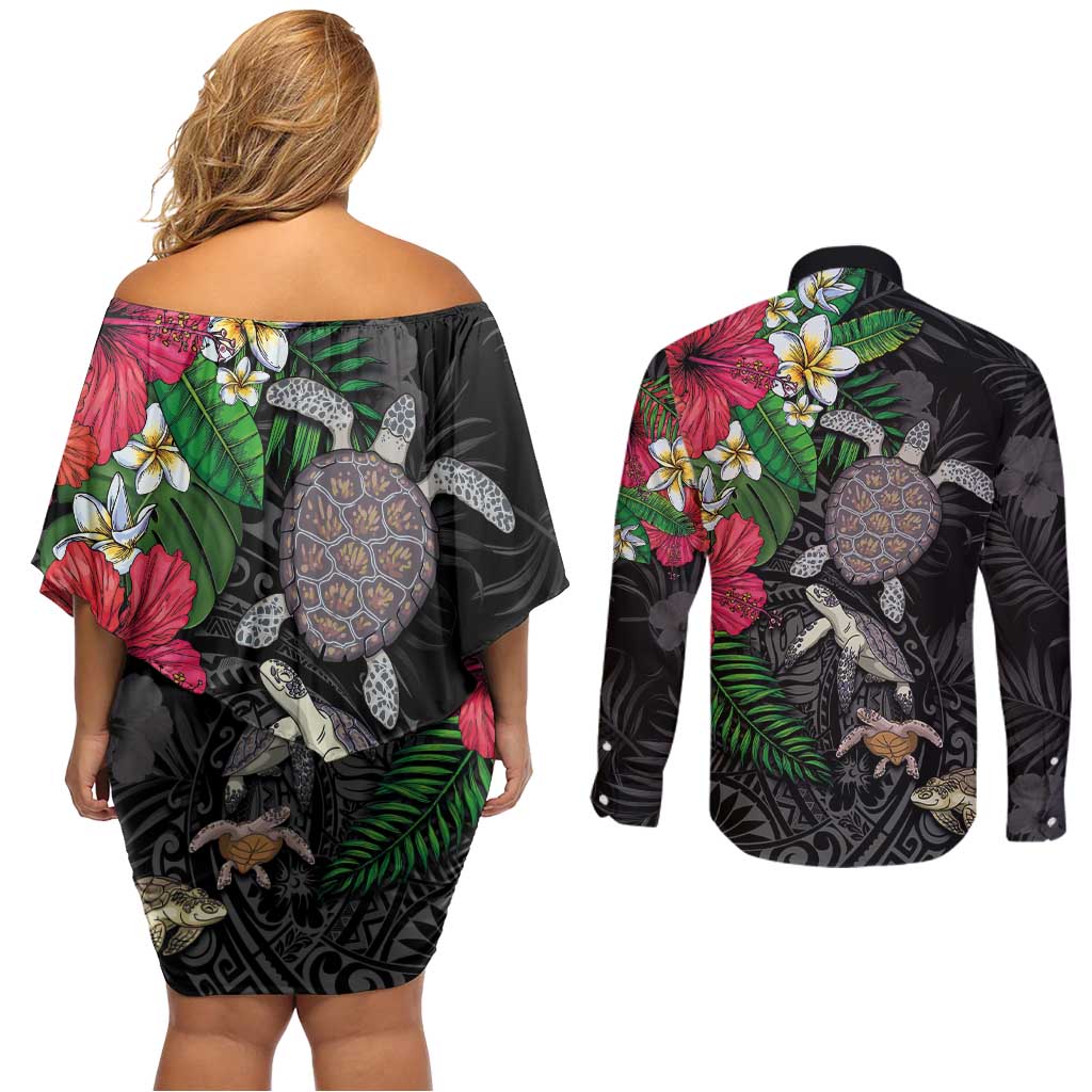 Hawaiian Tropical Plants and Turtles Couples Matching Off Shoulder Short Dress and Long Sleeve Button Shirt Polynesian Art Motifs