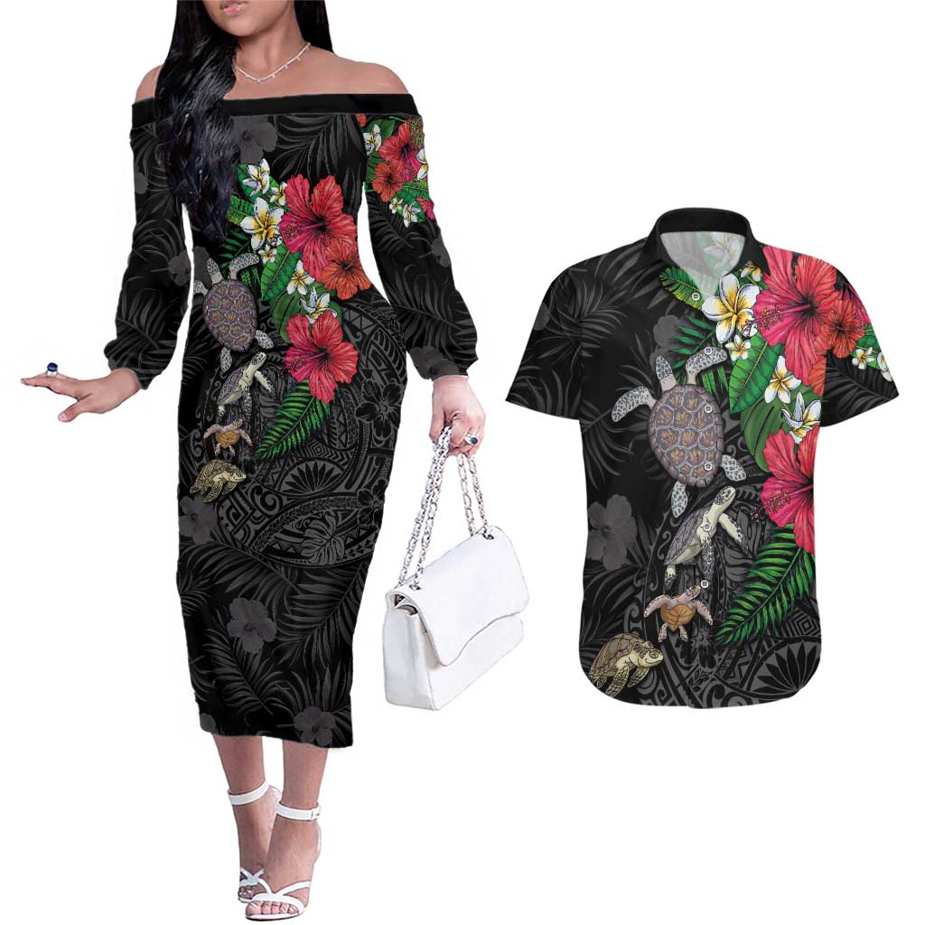 Hawaiian Tropical Plants and Turtles Couples Matching Off The Shoulder Long Sleeve Dress and Hawaiian Shirt Polynesian Art Motifs