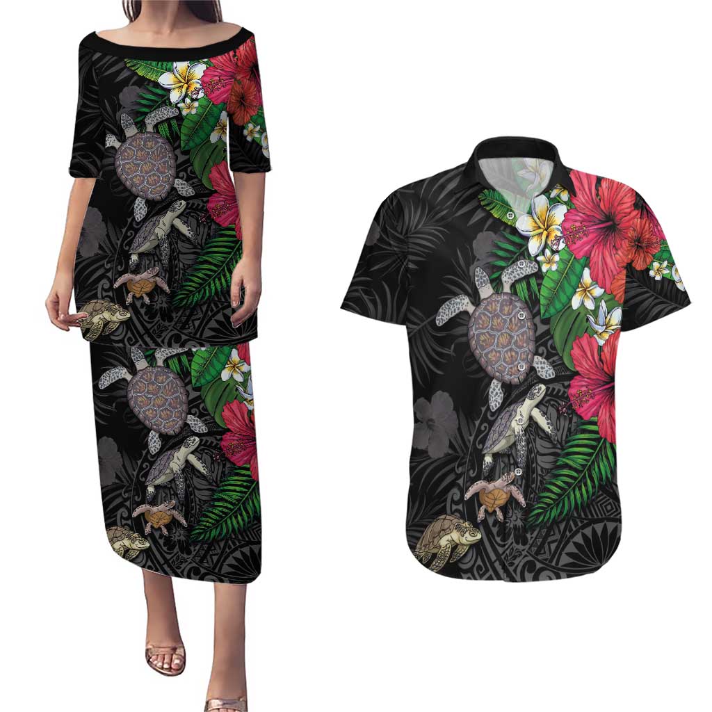 Hawaiian Tropical Plants and Turtles Couples Matching Puletasi and Hawaiian Shirt Polynesian Art Motifs