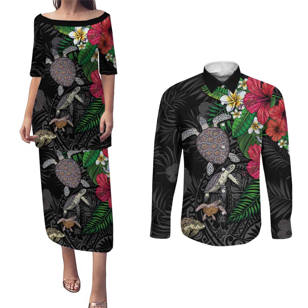 Hawaiian Tropical Plants and Turtles Couples Matching Puletasi and Long Sleeve Button Shirt Polynesian Art Motifs