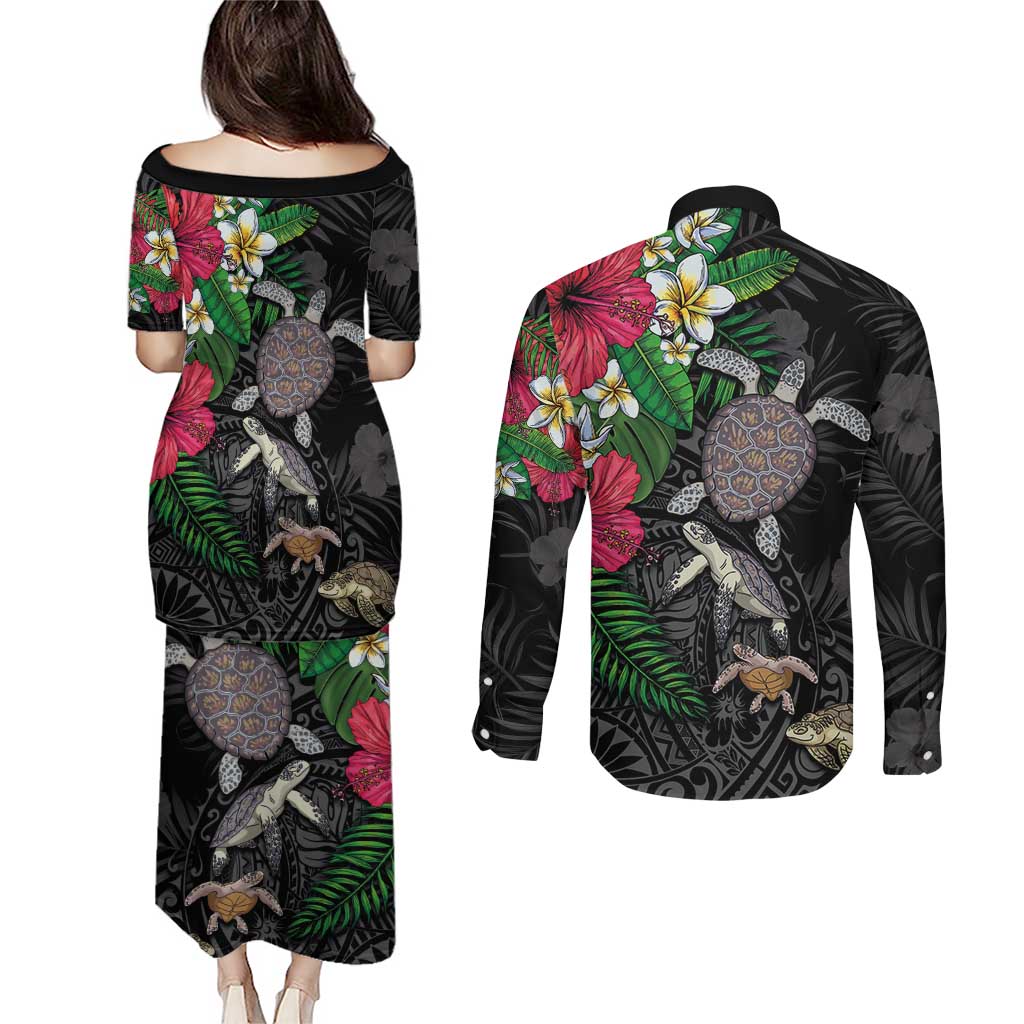 Hawaiian Tropical Plants and Turtles Couples Matching Puletasi and Long Sleeve Button Shirt Polynesian Art Motifs