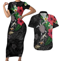 Hawaiian Tropical Plants and Turtles Couples Matching Short Sleeve Bodycon Dress and Hawaiian Shirt Polynesian Art Motifs LT03 Black - Polynesian Pride
