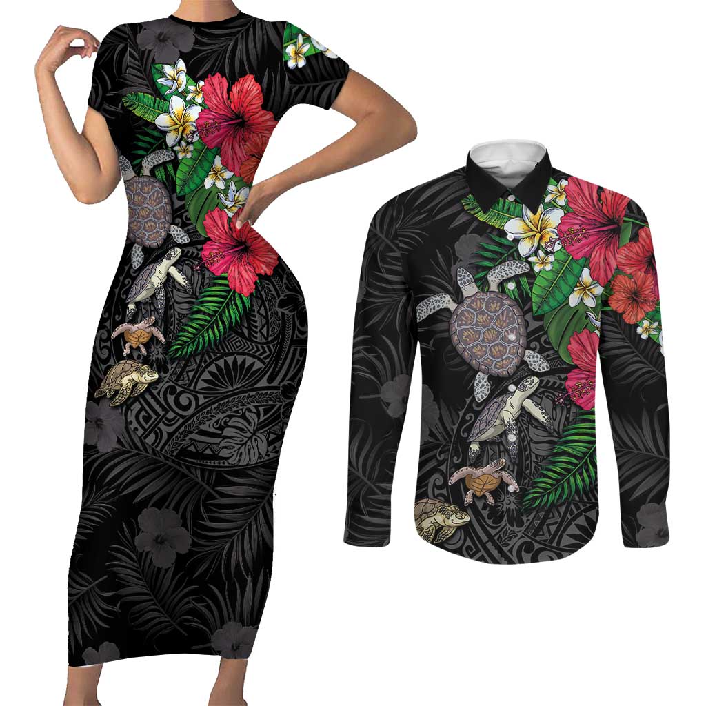 Hawaiian Tropical Plants and Turtles Couples Matching Short Sleeve Bodycon Dress and Long Sleeve Button Shirt Polynesian Art Motifs LT03 Black - Polynesian Pride