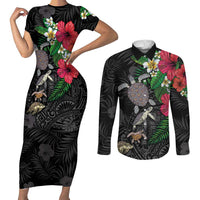 Hawaiian Tropical Plants and Turtles Couples Matching Short Sleeve Bodycon Dress and Long Sleeve Button Shirt Polynesian Art Motifs LT03 Black - Polynesian Pride