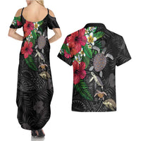 Hawaiian Tropical Plants and Turtles Couples Matching Summer Maxi Dress and Hawaiian Shirt Polynesian Art Motifs LT03 - Polynesian Pride