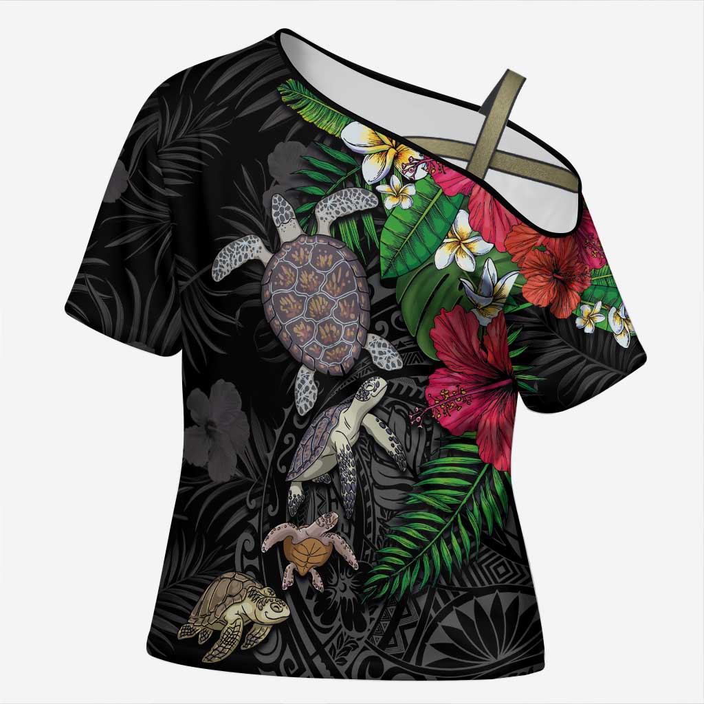 Hawaiian Tropical Plants and Turtles Cross Shoulder Shirt Polynesian Art Motifs