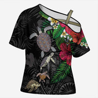 Hawaiian Tropical Plants and Turtles Cross Shoulder Shirt Polynesian Art Motifs