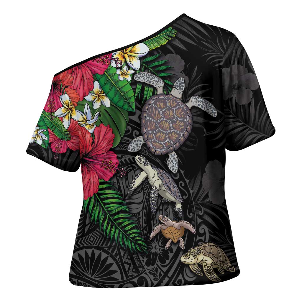 Hawaiian Tropical Plants and Turtles Cross Shoulder Shirt Polynesian Art Motifs