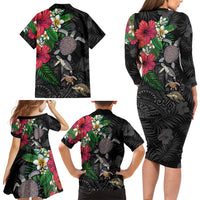 Hawaiian Tropical Plants and Turtles Family Matching Long Sleeve Bodycon Dress and Hawaiian Shirt Polynesian Art Motifs LT03 - Polynesian Pride