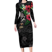 Hawaiian Tropical Plants and Turtles Family Matching Long Sleeve Bodycon Dress and Hawaiian Shirt Polynesian Art Motifs LT03 Mom's Dress Black - Polynesian Pride
