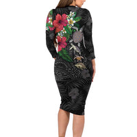 Hawaiian Tropical Plants and Turtles Family Matching Long Sleeve Bodycon Dress and Hawaiian Shirt Polynesian Art Motifs LT03 - Polynesian Pride