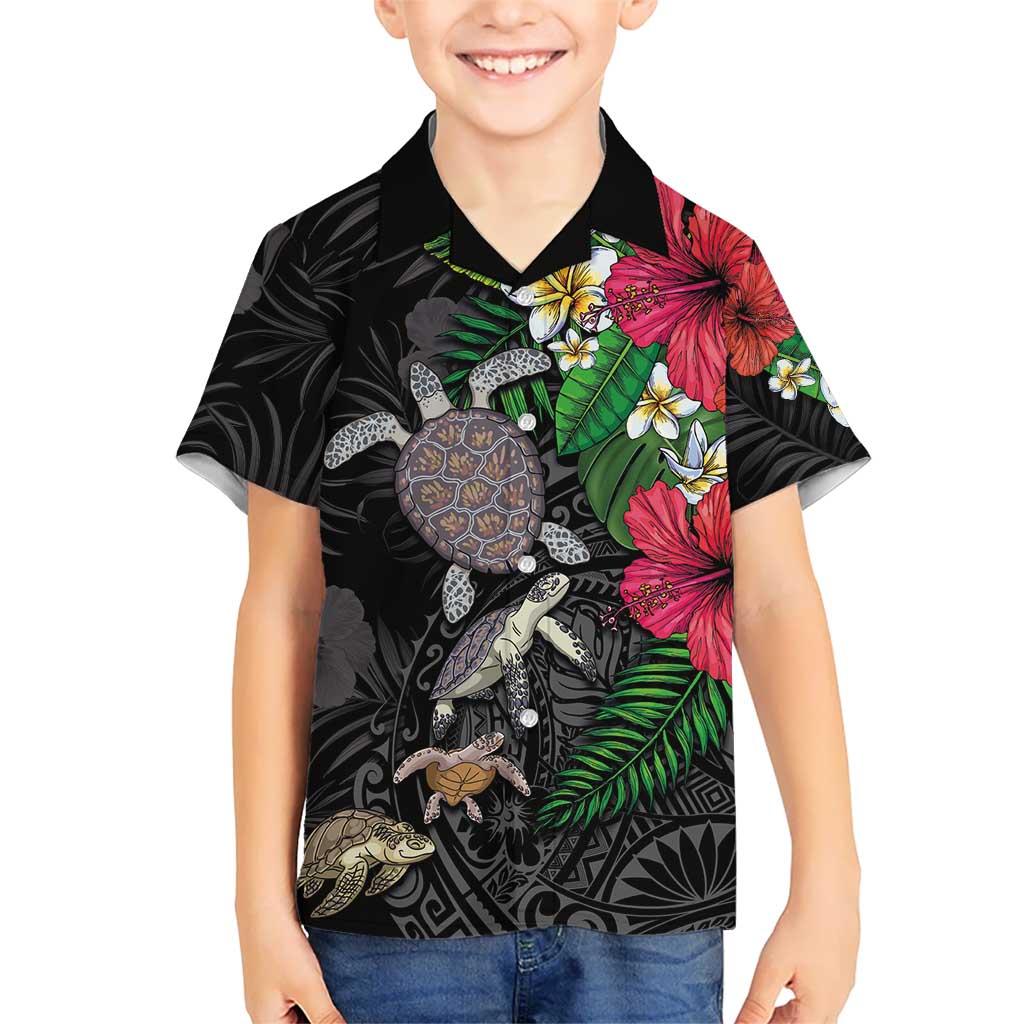 Hawaiian Tropical Plants and Turtles Family Matching Off Shoulder Maxi Dress and Hawaiian Shirt Polynesian Art Motifs LT03 Son's Shirt Black - Polynesian Pride