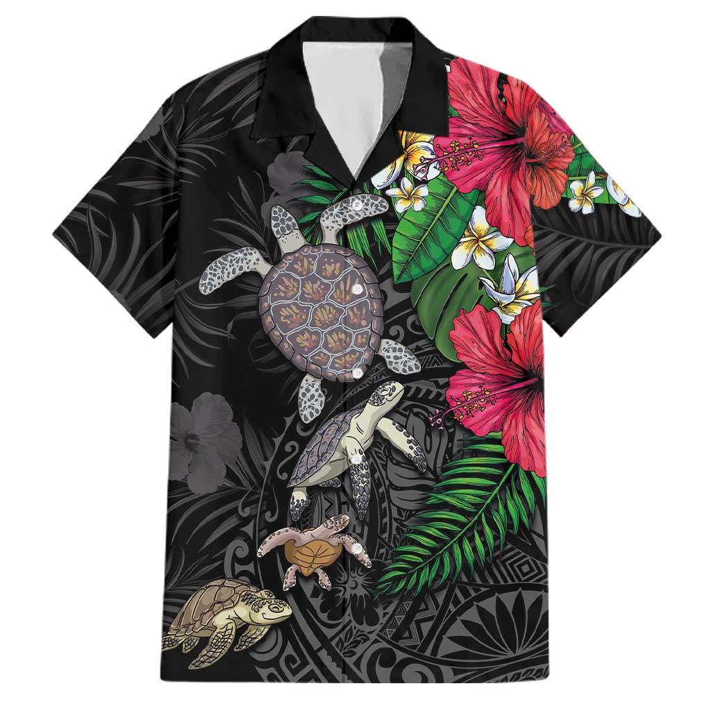 Hawaiian Tropical Plants and Turtles Family Matching Off Shoulder Short Dress and Hawaiian Shirt Polynesian Art Motifs LT03 Dad's Shirt - Short Sleeve Black - Polynesian Pride