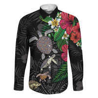 Hawaiian Tropical Plants and Turtles Family Matching Off Shoulder Short Dress and Hawaiian Shirt Polynesian Art Motifs LT03 Dad's Shirt - Long Sleeve Black - Polynesian Pride