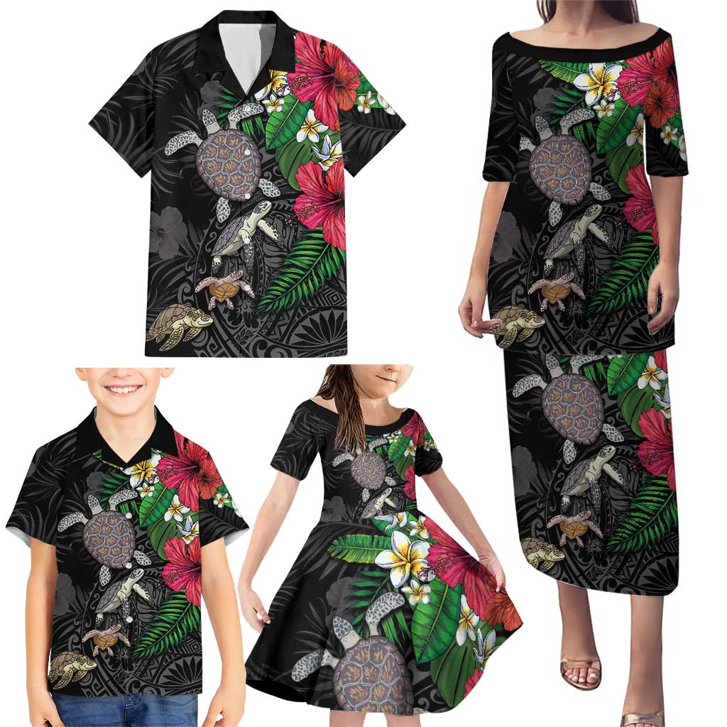 Hawaiian Tropical Plants and Turtles Family Matching Puletasi and Hawaiian Shirt Polynesian Art Motifs