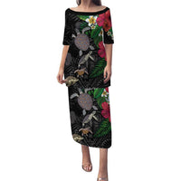 Hawaiian Tropical Plants and Turtles Family Matching Puletasi and Hawaiian Shirt Polynesian Art Motifs LT03 Mom's Dress Black - Polynesian Pride