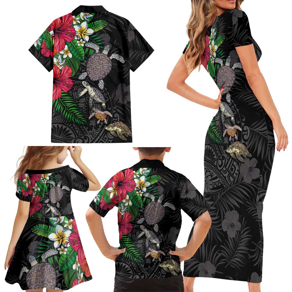 Hawaiian Tropical Plants and Turtles Family Matching Short Sleeve Bodycon Dress and Hawaiian Shirt Polynesian Art Motifs LT03 - Polynesian Pride