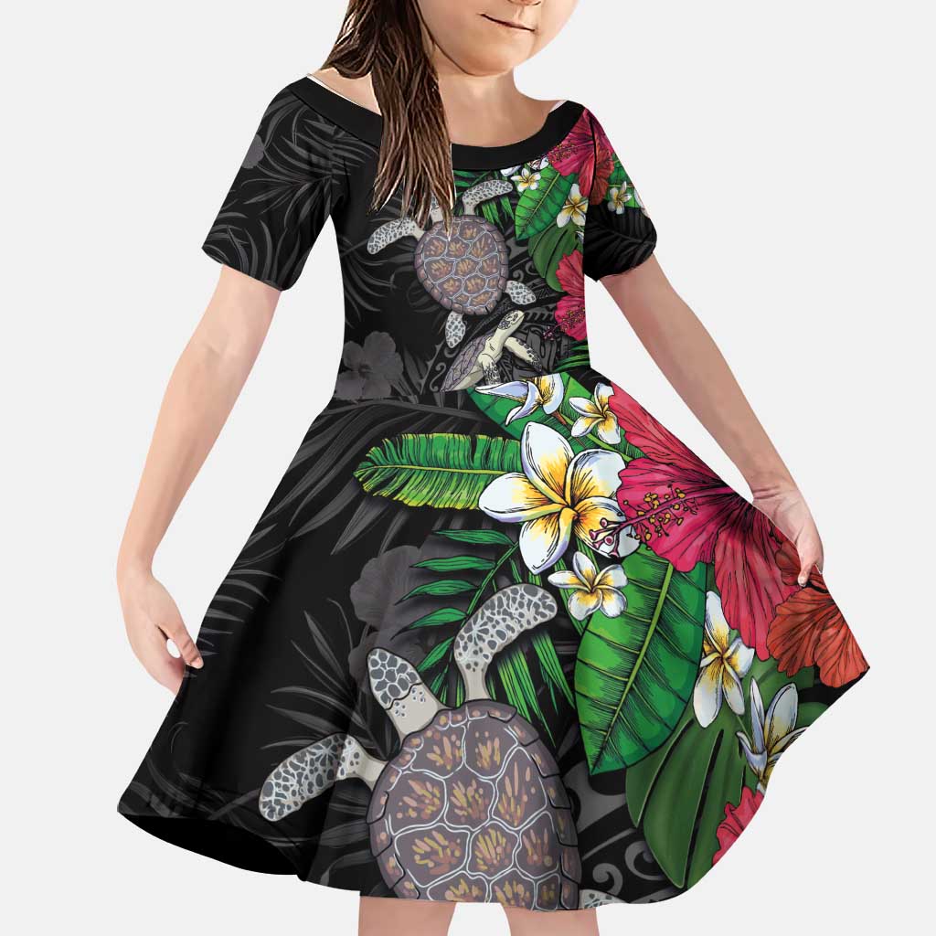 Hawaiian Tropical Plants and Turtles Family Matching Summer Maxi Dress and Hawaiian Shirt Polynesian Art Motifs LT03 Daughter's Dress Black - Polynesian Pride